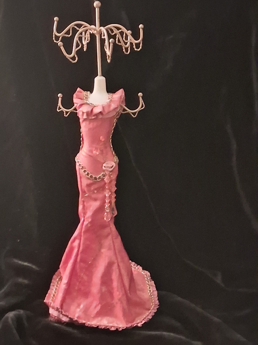 Doll With Long Pink Dress Jewelry Stand with Gold Hooks